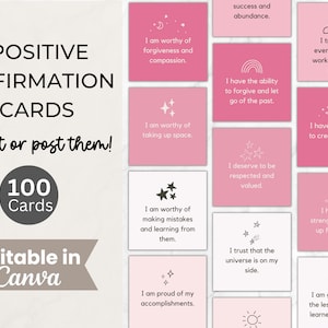 Pacchetto di carte di affermazione quotidiana, citazioni di affermazione positiva modificabili, post di Instagram sulla cura di sé, carte di manifestazione digitale, carte di amore per se stessi