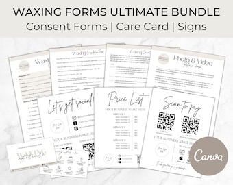 May include: A set of printable forms for a waxing business. The forms include a consent form, a price list, a photo and video release form, a scan to pay QR code, and a waxing aftercare card. The forms are designed in a minimalist style with black text on a white background.