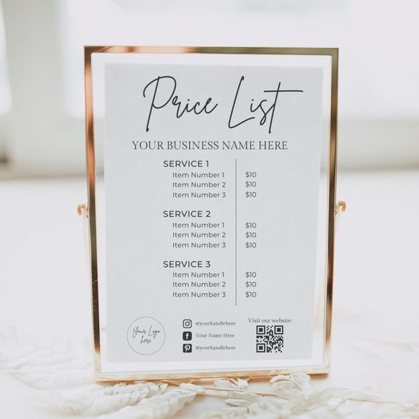Price List Sign, Editable Price List Sign Printable, QR Code Sign, Beauty Hair Salon Price List Sign, Small Business Sign Canva Template