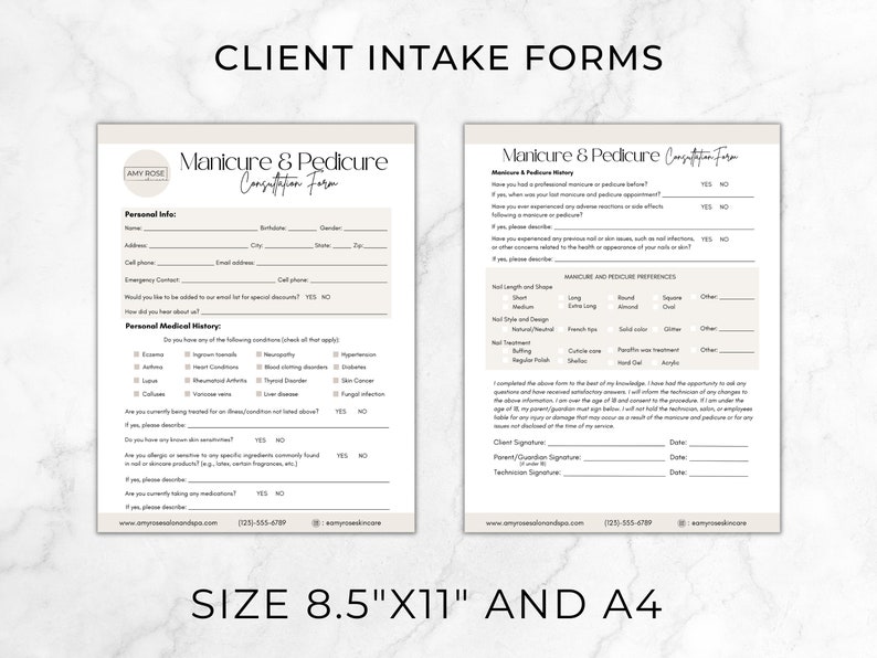 May include: Two beige client intake forms for manicure and pedicure services. The forms include sections for personal info, medical history, and manicure and pedicure preferences. The forms are 8.5 inches by 11 inches and are available in A4 size.