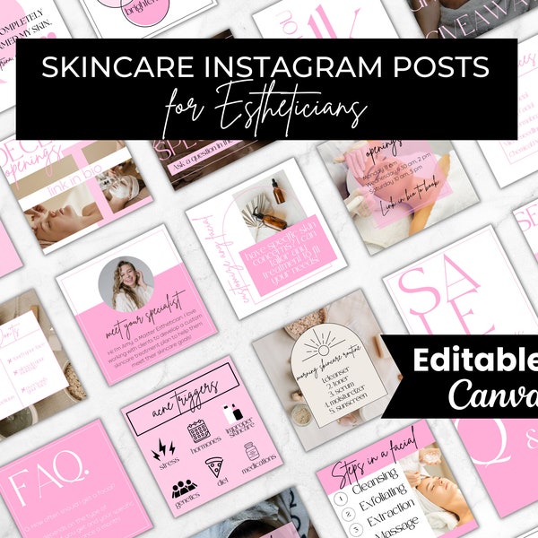 Skincare Instagram Posts, Editable Instagram Templates for Estheticians, Pink Social Media Branding, Lash Tech Instagram Bundle, Spa Posts