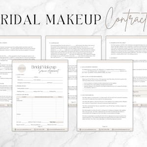 May include: A bridal makeup service agreement contract with sections for client information, services and pricing, and terms and conditions. The contract includes a space for the client and artist signatures and dates.