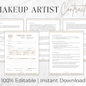 Contrato de maquillador, formularios MUA editables, acuerdo de maquillador de bodas y novias, plantilla de formularios MUA independientes, admisión de clientes de maquillaje
