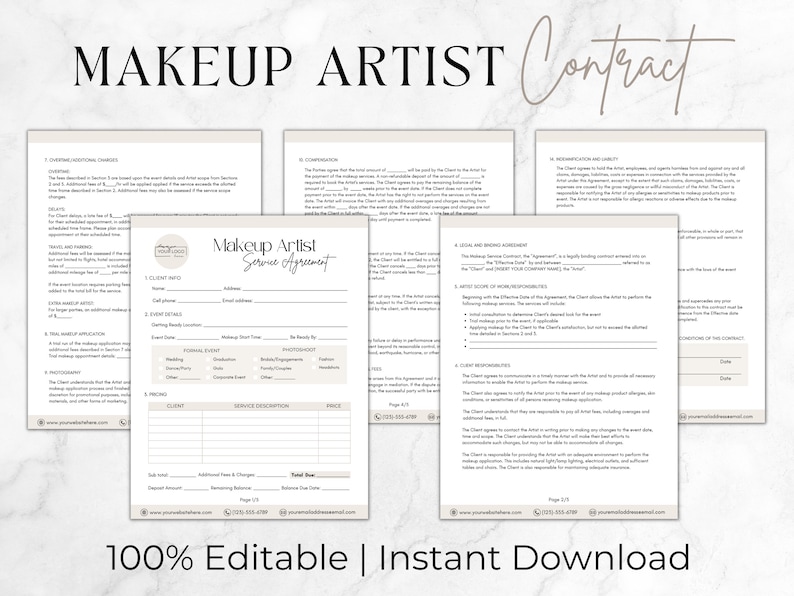 Makeup Artist Contract Editable MUA Forms Wedding and Bridal - Etsy