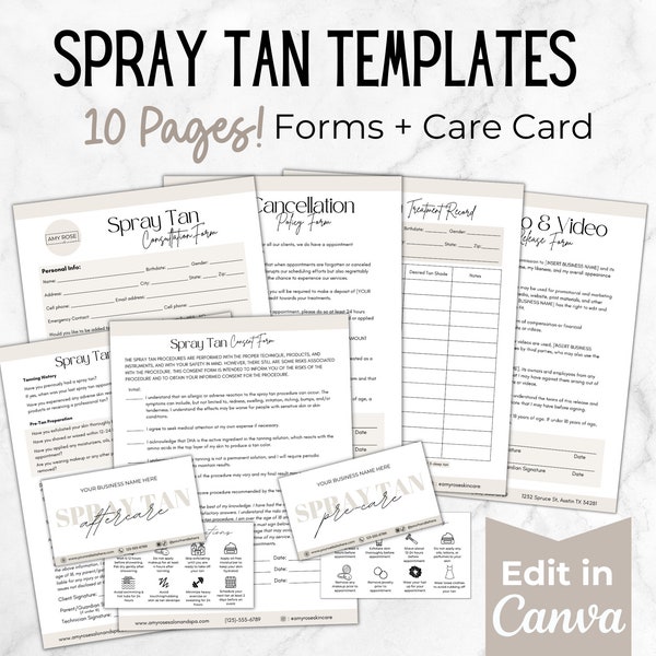 Spray Tan Forms, Spray Tanning Business Templates Bundle, Editable Spray Tan Client Consultation and Consent Forms, Esthetician Forms, Canva