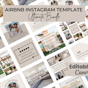 Puede incluir: Un collage de plantillas de publicaciones de Instagram para anuncios de Airbnb. Las plantillas presentan imágenes de una casa, una pareja y texto que dice "Conoce a los anfitriones", "¿Por qué alojarse con nosotros?", "¡Los anfitriones fueron tan amables y serviciales!" y "Reserva ahora". El texto "Plantilla de Instagram de Airbnb Paquete Definitivo" está en la parte superior del collage. El texto "Editable en Canva" está en la parte inferior del collage.