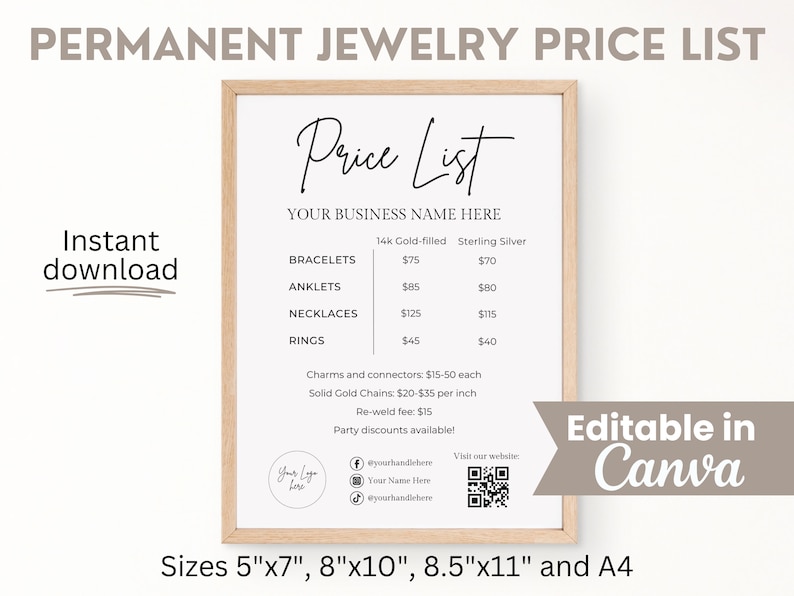 Editable Permanent Jewelry Price List Printable Price List Etsy
