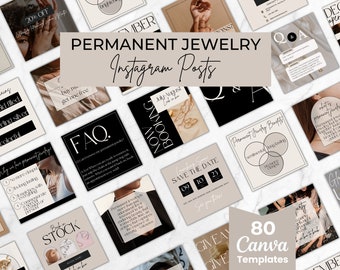 Pode incluir: Uma coleção de 80 modelos Canva para postagens do Instagram que promovem joias permanentes. Os modelos apresentam uma variedade de designs, incluindo sobreposições de texto, imagens de joias e formas geométricas. O esquema de cores é neutro, com tons de bege, marrom e preto.