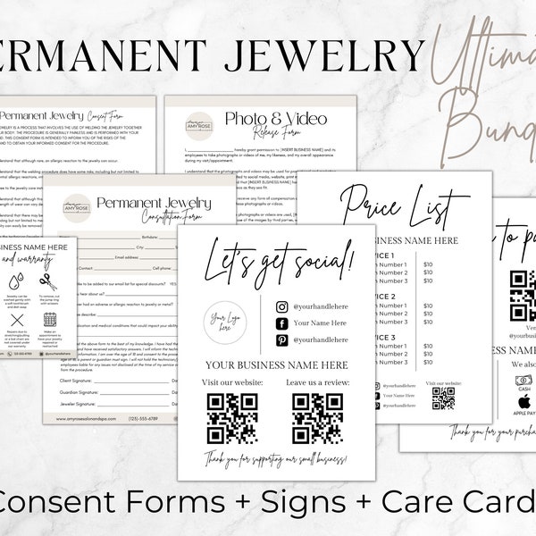 Permanent Jewelry Business Bundle, Editable Permanent Jewelry Consent Forms, Permanent Jewelry Warranty Care Card, Permanent Jewelry Tools