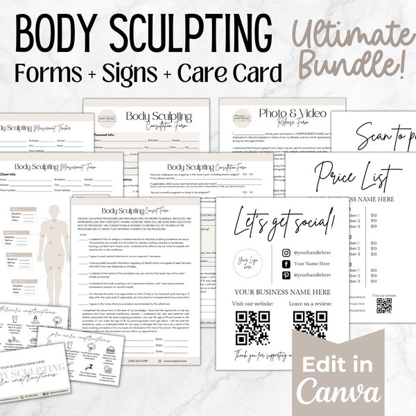 Body Sculpting Intake Forms, Body Contouring Consent Forms, Editable Esthetician Form Templates, Client Consultation Forms and Care Card