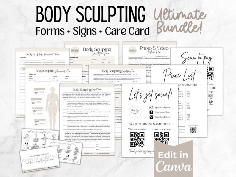 K&ouml;nnte beinhalten: Ein Satz druckbarer Formulare, Schilder und einer Pflegekarte f&uuml;r Body-Sculpting-Unternehmen. Das Set beinhaltet ein Kundenaufnahmeformular, ein Messformular, ein Einverst&auml;ndnisformular, eine Preisliste, ein Social-Media-Schild und eine Pflegekarte. Die Formulare sind in einem minimalistischen Stil mit schwarzem Text auf wei&szlig;em Hintergrund gestaltet.