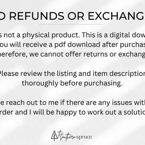 Puede incluir: Texto sobre un fondo blanco que dice "NO REFUNDS OR EXCHANGES."  Este no es un producto f&iacute;sico. Se trata de una descarga digital. Recibir&aacute;s una descarga PDF despu&eacute;s de la compra. Por lo tanto, no podemos ofrecer devoluciones o cambios. Por favor, revisa la lista y la descripci&oacute;n del art&iacute;culo cuidadosamente antes de comprar. Por favor, ponte en contacto conmigo si tienes alg&uacute;n problema con tu pedido y estar&eacute; encantado de encontrar una soluci&oacute;n! El logotipo de The Southern Spruce est&aacute; en la parte inferior de la p&aacute;gina.