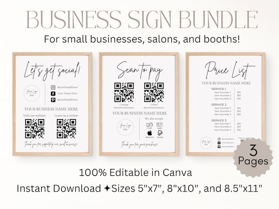 Business Sign Templates Bundle, Social Media Sign Printable, Custom QR Code Sign, Instagram Facebook Follow Us Sign, Scan to Pay Sign