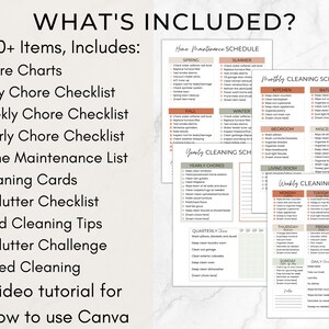 Pu&ograve; includere: Una raccolta di liste di controllo e programmi stampabili per la pulizia e la manutenzione della casa. Include grafici delle attivit&agrave;, liste di controllo per il decluttering e un tutorial video per Canva. Il testo include "What's Included?"