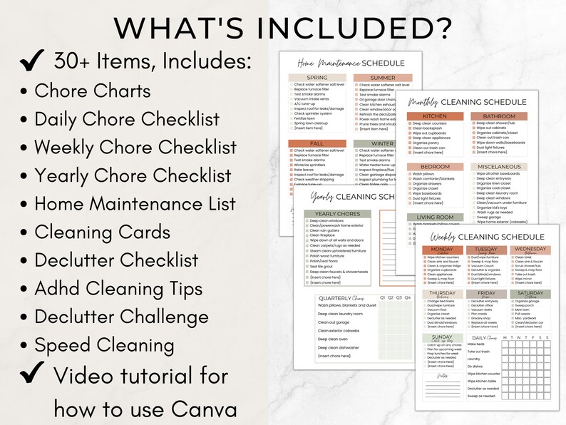 Pu&ograve; includere: Una raccolta di liste di controllo e programmi stampabili per la pulizia e la manutenzione della casa. Include grafici delle attivit&agrave;, liste di controllo per il decluttering e un tutorial video per Canva. Il testo include "What's Included?"