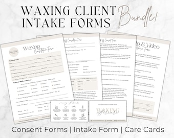 May include: A set of printable forms for waxing clients. The forms include a client intake form, a consent form, and a care card. The forms are designed to be used by waxing professionals.