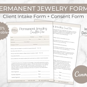 May include: Editable forms for permanent jewelry consultations and consent. The forms include sections for client information, allergies, medical conditions, and consent to the procedure. The forms are designed for jewelry businesses.