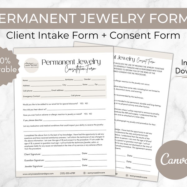 Permanent Jewelry Consent Forms, Permanent Jewelry Client Intake, Esthetician Forms Template, Editable Client Form, Canva Printable Download