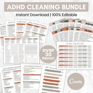 Editable ADHD Cleaning Bundle, Adult Chore Chart, Deep Cleaning Cards, Cleaning Checklists, Weekly Cleaning Planner, Cleaning Schedule