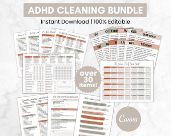 Redigerbart städpaket för ADHD, sysslor för vuxna, djuprengöringskort, checklistor för städning, veckoplanerare för städning, städschema