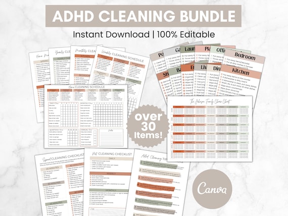 Editable ADHD Cleaning Bundle, Adult Chore Chart, Deep Cleaning Cards, Cleaning Checklists, Weekly Cleaning Planner, Cleaning Schedule