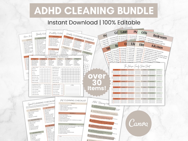 Pu&ograve; includere: Una raccolta di liste di controllo e programmi di pulizia stampabili, tra cui opzioni settimanali e mensili e tabelle delle faccende domestiche. Il testo "ADHD Cleaning Bundle" e "Instant Download | 100% Editable" &egrave; visibile.