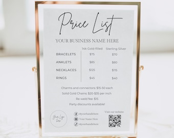 Permanente sieraden prijslijst teken, permanente sieraden bewerkbare sjabloon, permanente sieraden benodigdheden, QR-code teken, permanente ketting