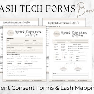 May include: A set of printable lash tech forms for client consultations and lash mapping. The forms include sections for personal info, medical history, lash type, style, and extensions. The forms are designed in a minimalist style with a light brown background.