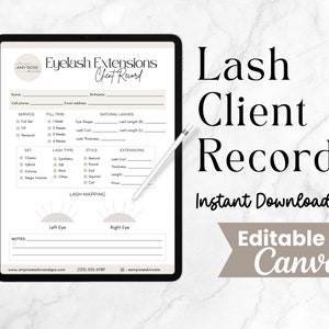 Record del cliente Lash, Modulo modificabile per l'estensione delle ciglia, Consulenza Lash Tech, Moduli per estetista, Moduli per tecnico delle ciglia, Canva stampabile