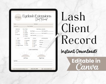 Lash Client Record, Editable Eyelash Extension Form, Lash Tech Consultation, Esthetician Forms, Lash Technician Forms, Canva Printable