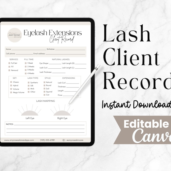 Lash Client Record, Editable Eyelash Extension Form, Lash Tech Consultation, Esthetician Forms, Lash Technician Forms, Canva Printable