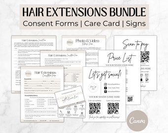 Könnte beinhalten: Ein Satz druckbarer Geschäftsdokumente für Haarverlängerungen in Schwarzweiß mit minimalistischem Design. Die Dokumente umfassen Einverständniserklärungen, eine Pflegekarte, eine Preisliste und Schilder für soziale Medien und Zahlung.