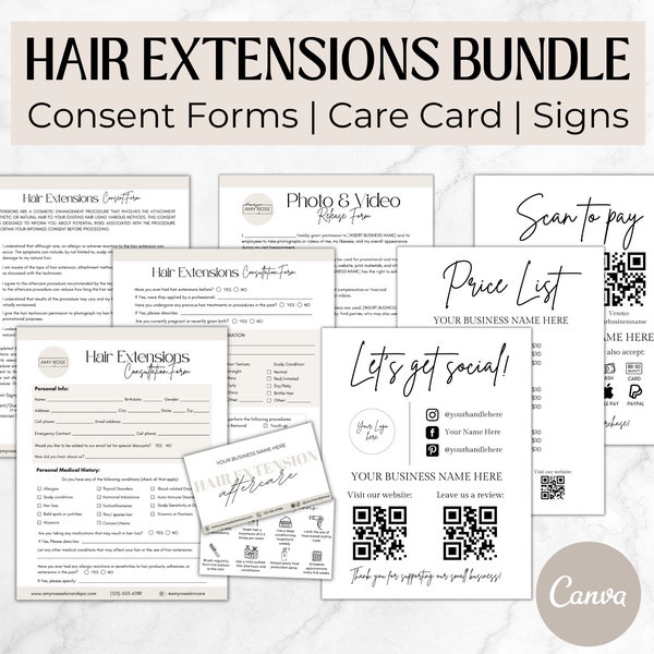 Hair Extension Business Bundle, Hair Extension Client Intake and Waiver, Hair Consultation and Consent Form Canva, Hair Salon Sign Templates