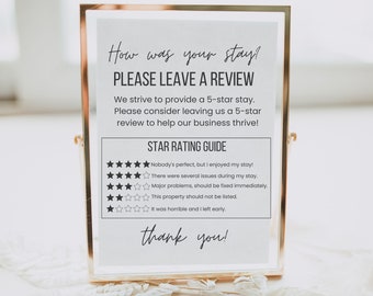 Airbnb Bewertungsschild Vorlage, bearbeitbar Hinterlassen Sie eine Bewertung, Airbnb Bewertungsanfrage, Airbnb 5-Sterne-Bewertungserklärung, Ferienunterkunftsschild
