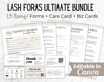 Lash Consent Forms Bundle, Editable Eyelash Extension Template, Lash Tech Client Record, Eyelash Aftercare and Business Card, Lash Care Card