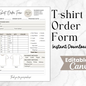Order Form Template for T shirts, Editable Order Form, Shirt Order Form Printable, Small Business Purchase Order, Custom T-shirt Form