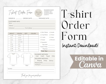 Plantilla de formulario de pedido de camisa, formulario de pedido de camiseta personalizado, rastreador de facturas de camiseta, formulario de pedido editable imprimible para camisetas, plantilla Canva
