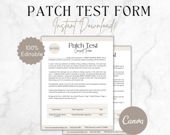 May include: A printable patch test consent form with the text "Patch Test Consent Form" and "Instant Download!" in a beige and white colour scheme. The form includes fields for client name, client signature, date, parent/guardian name, parent/guardian signature, and date.