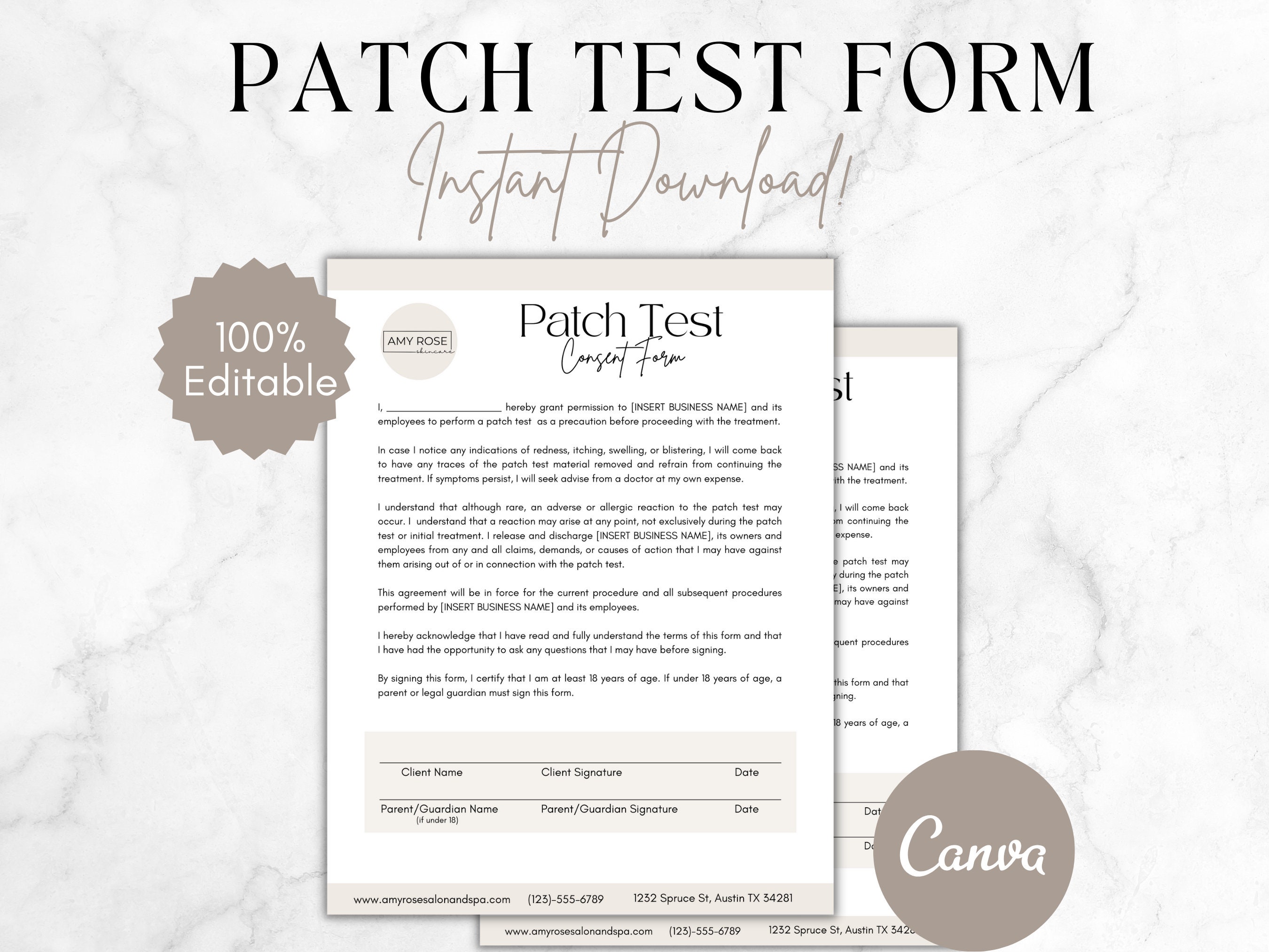 True Patch Collection Form Patch Test Form Template, Editable Esthetician Forms, Lash Tech Forms ...