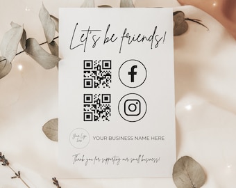 Modèle de signe de médias sociaux, signe de code QR, signe modifiable pour petites entreprises imprimable, Instagram Facebook Suivez-nous signe, laissez-nous un signe d’examen