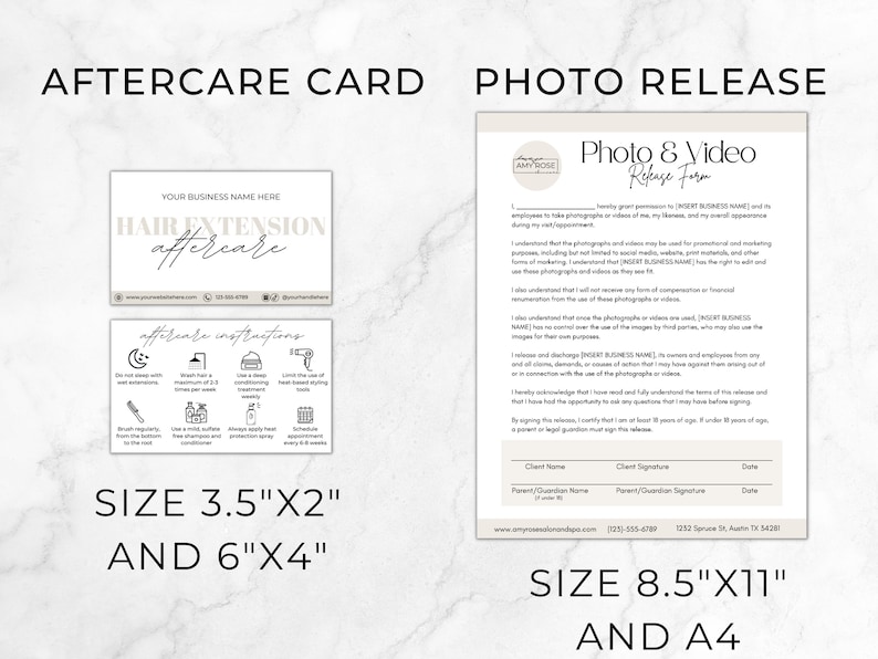 May include: A photo release form with a beige background and black text. The form includes a section for the client's name, signature, and date. The form also includes a section for the parent or guardian's name, signature, and date. The form is available in sizes 8.5 inches by 11 inches and A4.