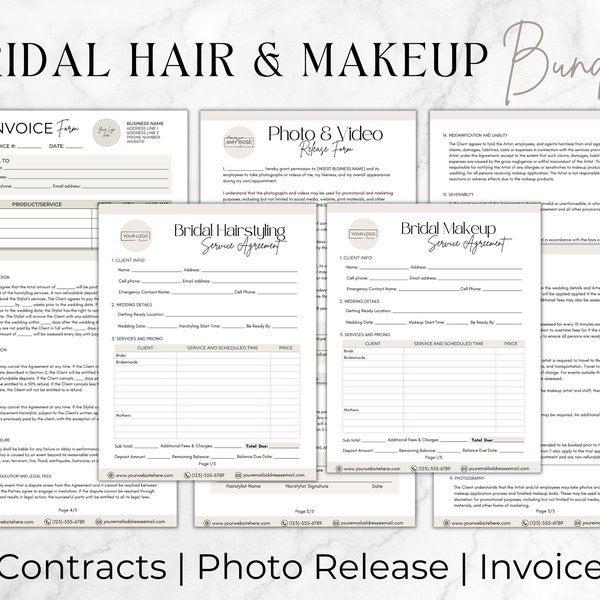 Contract voor bruidsmake-upartiest, contract voor bruidshaar, formulieren voor bruiloftshaar en make-up, sjabloon voor bruidsfeest-hairstylingserviceovereenkomst