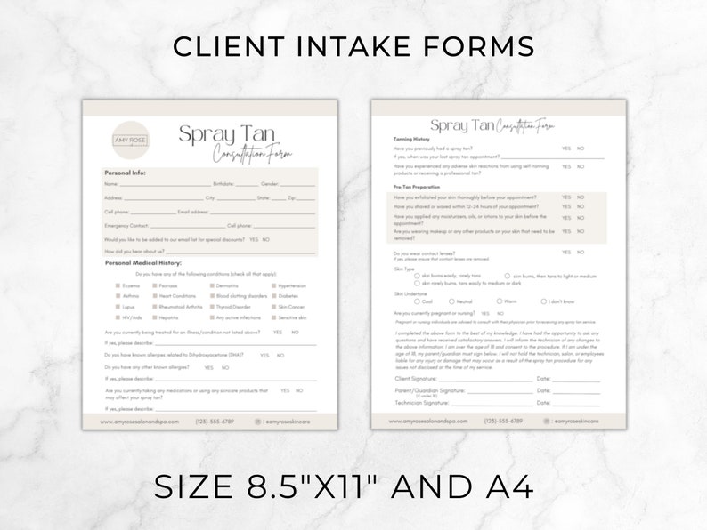 May include: Two beige client intake forms for spray tans. The form on the left has a section for personal info, medical history, and allergies. The form on the right has sections for tanning history, pre-tan preparation, skin type, and client signature. The forms are 8.5 inches by 11 inches and also available in A4 size.