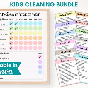 Chore Chart Bundle for Kids, Kids Cleaning Cards, Editable Kids and Family Chore Chart, Cleaning Checklist, Cleaning Schedule, Adhd Cleaning
