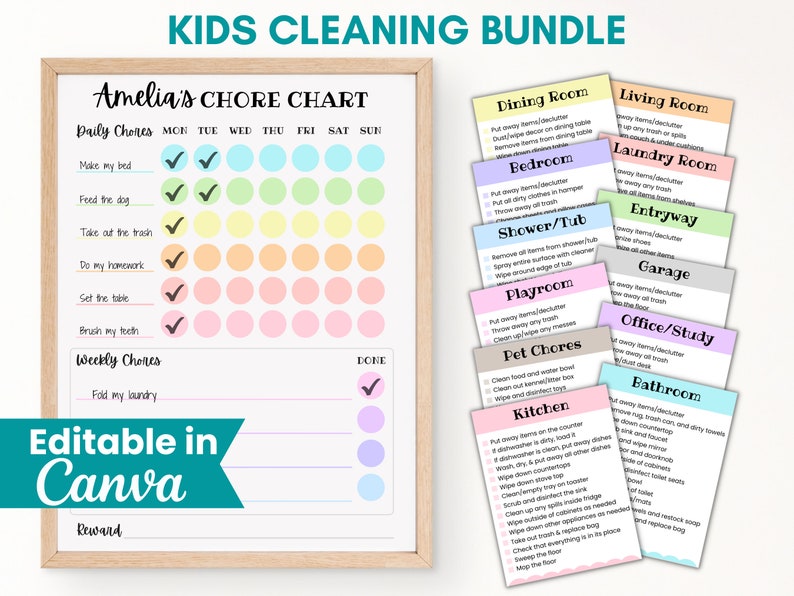 Chore Chart Bundle for Kids, Kids Cleaning Cards, Editable Kids and ...