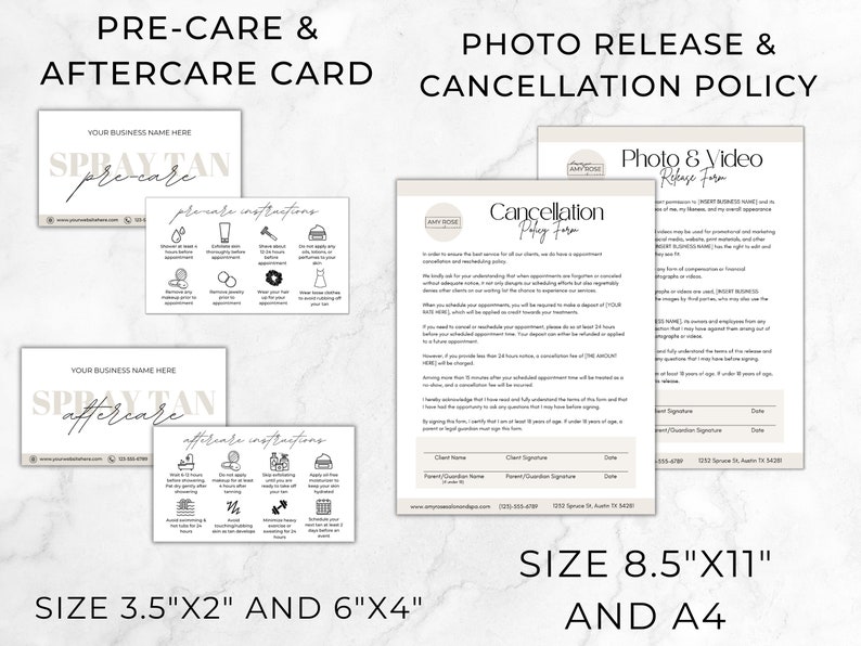 May include: A set of four cards with instructions for pre-care and aftercare of spray tans. The cards are beige with black text and illustrations. The cards are sized 3.5 inches by 2 inches and 6 inches by 4 inches. There are also two larger cards, one for a photo release form and one for a cancellation policy form. These cards are beige with black text and are sized 8.5 inches by 11 inches.