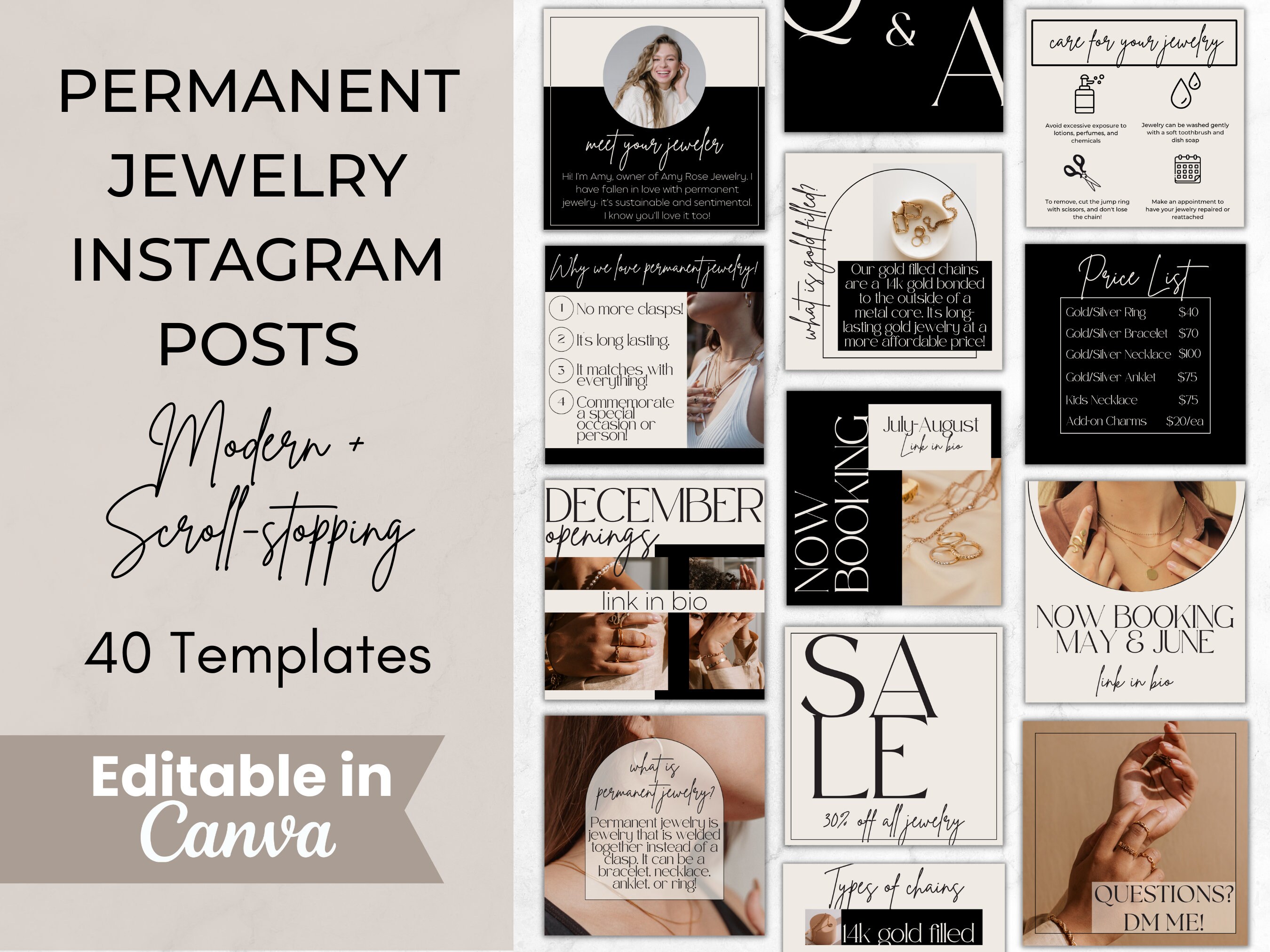Editable Permanent Jewelry Instagram Posts Templates, Permanent Jewelry ...
