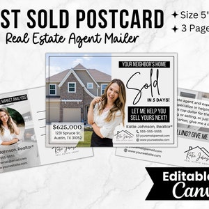 Just Sold Postcard, Real Estate Postcard, Real Estate Marketing, Real Estate Farming, Editable Realtor Postcard Template, Realtor Canva