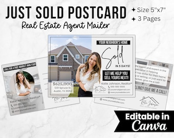 Just Sold Postcard, Real Estate Postcard, Real Estate Marketing, Real Estate Farming, Editable Realtor Postcard Template, Realtor Canva