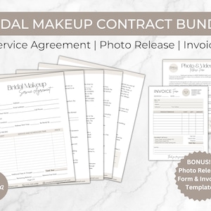 Puede incluir: Un paquete de formularios imprimibles para servicios de maquillaje de novia. El paquete incluye un acuerdo de servicio, un formulario de liberación de fotos y una factura. Los formularios están diseñados en un estilo moderno con una paleta de colores neutros.